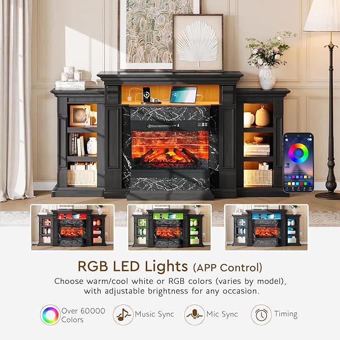 LGHM LED Electric Fireplace TV Stand with Outlet, 72'' Fireplace Mantel for TVs up to 80'', Modern Entertainment Center with 3-Sided Glass Fireplace Heater Insert for Living Room, Black