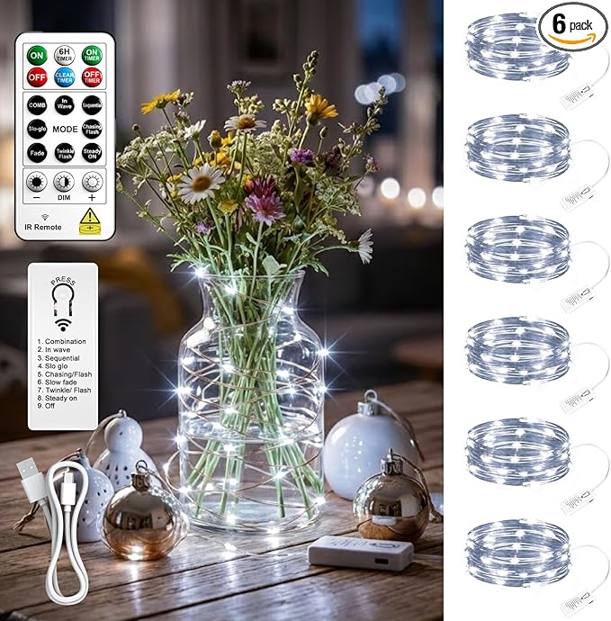 6 Pack Rechargeable Fairy Lights with Remote & DIY Timer, 7ft 20LED Dimmable Silver Wire String Light for Mason Jar, Mini Twinkle Lights for Indoor Christmas Bedroom Wedding Decor, White