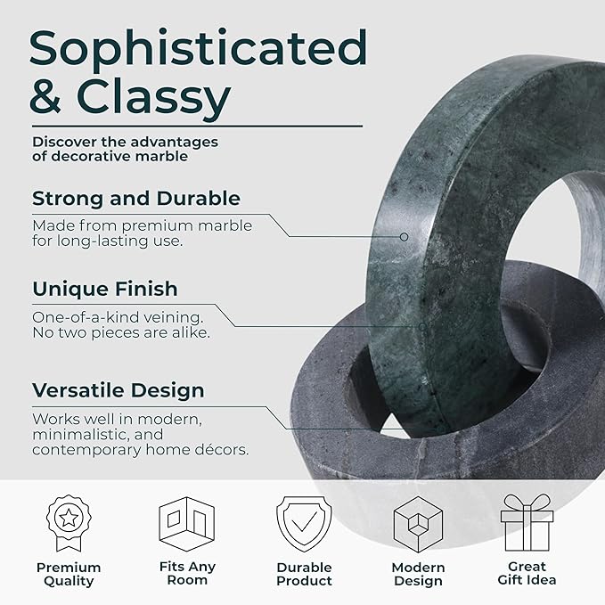 Home Decor and Bathroom Decor Marble Double Ring - Modern Shelf Sculpture and Office Accents for Room Styling - Coffee Table Ornaments and Living Room Decor Statues Design - 6", Green & Black