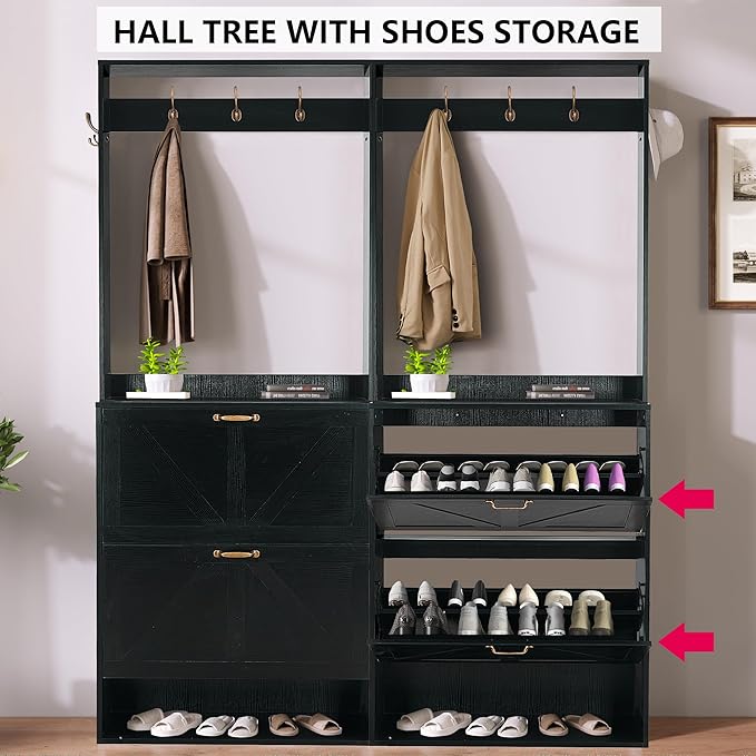 Betoko Hall Tree with Shoes Storage,Farmhouse Corner Coat Rack with 5 Coat Hooks, Wooden Entryway Tree Cabinet with 2 Shoes Cabinets for Hallway Mudroom, Black