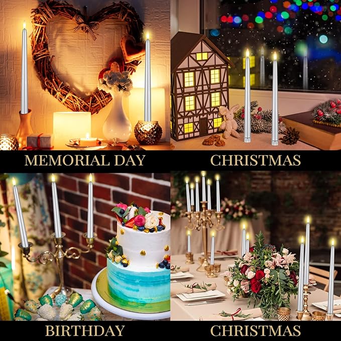 Macarrie 24 Packs Flameless Taper Candles Battery Operated Fake 11 Inch Long Candlelight LED Flameless Candlesticks Flickering Tapered for Spring Summer Wedding(Silver)