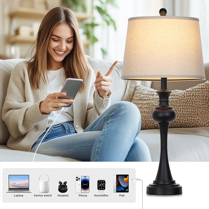 28.75 " 3-Way Touch Control Modern Table Lamp Set of 2 for Living Room , Bedside Lamp with USB A+C Ports, Mid Century Black Table Lamps, Nightstand Lamps Set ,Beige Fabric Shade Vintage Accent Style