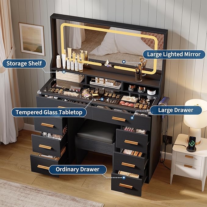 IDEALHOUSE Vanity Desk with Mirror and Lights, Makeup Table with Glass Top & 8 Drawers, 3-Color LED Mirror, Power Outlets & USB, Hair Dryer Holder, Stool Included, Dressing Table Set for Bedroom