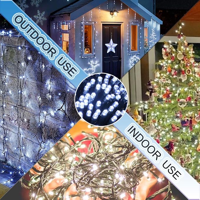 Indoor Christmas String Lights - 220 LEDs 82ft/25m 8 Modes End-to-End Plug in Outdoor Waterproof Decorative Fairy Twinkle Halloween Light for New Year/Tree/Wedding/Thanksgiving Day/Patio - Cool White