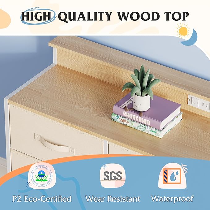 WLIVE Dresser TV Stand for 45, 50, 55 inch TV, Entertainment Center with LED Lights & Charging Station, Chest of Drawers with 9 Fabric Drawers and Open Shelves for Living Room, Hallway, Cream White