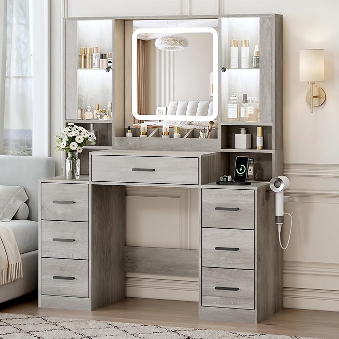Vanity Desk with Mirror and Lights, Makeup Vanity with 7 Drawers, 2 Glass Door Cabinets, Charging Station, Adjustable Shelves, RGB Lighting, Hair Dryer Holder