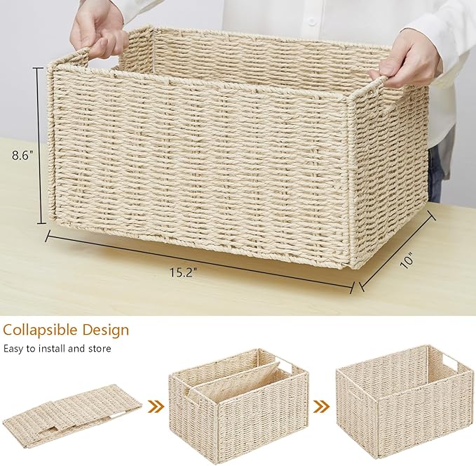 Vagusicc Wicker Storage Basket, Set of 2 Hand-Woven Paper Rope Wicker Basket, Small Storage Baskets for Organizing Toilet Paper Basket, Foldable Large Cube Storage Organizer Bins for Shelves (Beige)