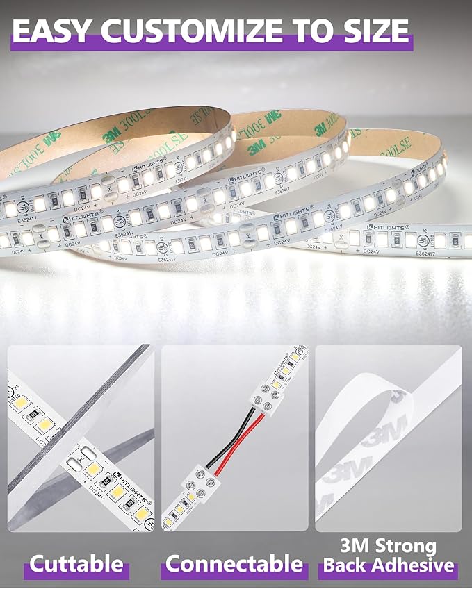 HitLights White LED Strip Lights 5000K, 16.4ft Premium High Density 24V Tape Light, 600 LEDs, 426 LM/FT, CRI 90+, IP30, Lighting for Kitchen, Under Cabinets, UL Listed (Power Source Not Included)