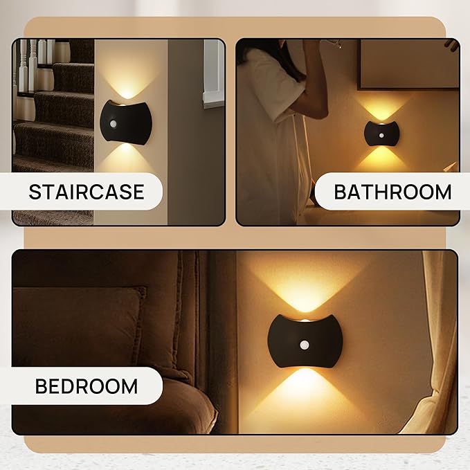Battery Operated Wall Sconces Set of Two, Rechargeable Wireless LED Wall Lights — Motion Sensor, No Drill Magnetic Mount, 3 Modes, for Bedroom Hallway Stairs, Black