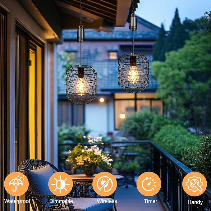 Livinlarge 6 Hours Timer Battery Operated Outdoor Hanging Light — Outdoor Indoor Pendant Chandelier Waterproof Porch Gazebo Patio Pendant Lantern Chandelier Lighting-Out Auto On/Off