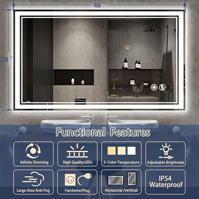 48“ x 28” LED Bathroom Mirror with Lights Anti-Fog Dimmable 3 Colors LED Mirror for Bathroom Memory Function Smart Mirror Wall Mounted Horizontal/Vertical