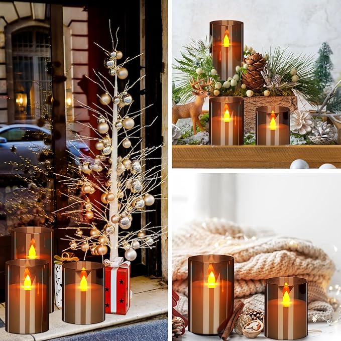 Flameless Candles 4" 5" 6" Acrylic Glass Pillars 3" Diameter Battery Operated Flickering Candles Include Remote with 24Hour Timer Function 400+ Hours by 2 AA Batteries (Gray, Warm Light 6 Pack)
