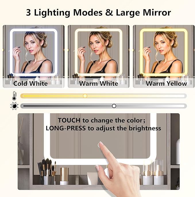 Grey Makeup Vanity Desk with Mirror & Lights, Modern Vanity Table with Charging Station, 7 Drawers, Glass Cabinet, Adjustable Shelves, Bedroom Dressing Table Set for Women & Girls