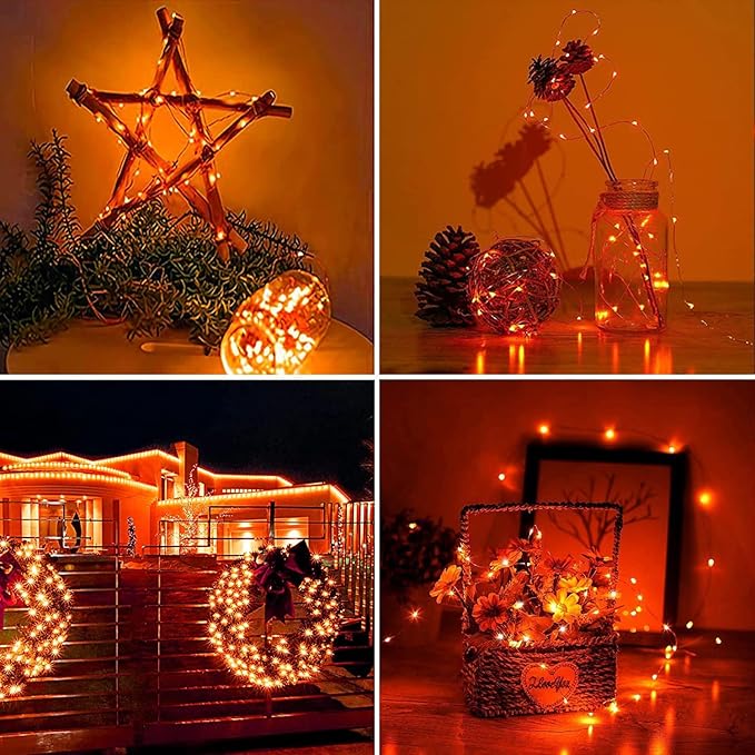 RUICHEN Silver Wire Fairy Lights Plug in 33 Ft 100 LED String with Spool, Orange