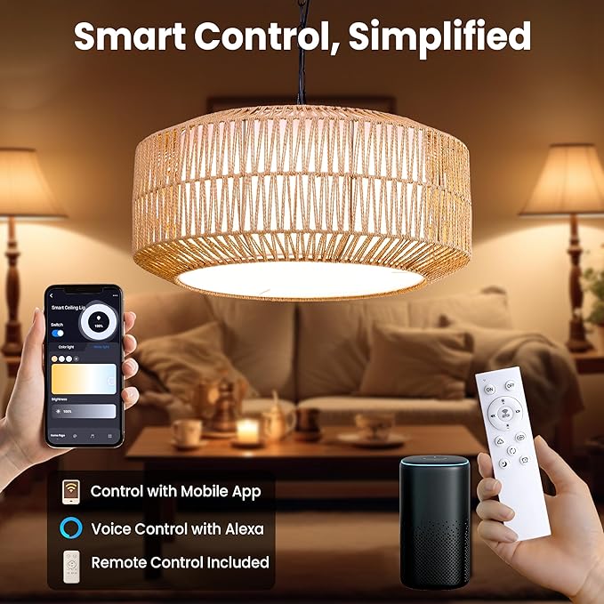 Smart RGB Ambient Rattan Pendant Light with Voice & App Control, Dimmable Boho Hanging Ceiling Lamp for Bedroom & Dining Room, Handwoven Wicker Light Fixture, 21.7” Natural