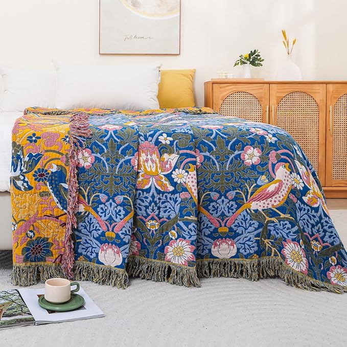 Queen Size Throw Blanket for Bed 100% Cotton Boho Oversized Soft Cozy Muslin Quilt Blanket Double Bird and Florals, Vintage Farmhouse Cottage Woven Blankets for Bedding Couch,80"×90"- Blue&Yellow