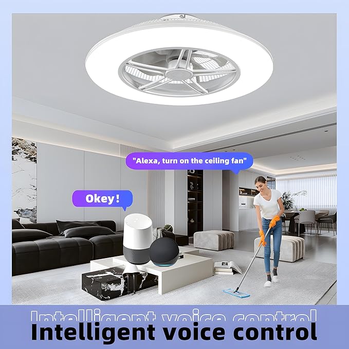 BAYSQUIRREL Alexa WiFi Low Profile Ceiling Fan with Light Flush Mount Enclosed Ceiling Fan 22" LED Dimmable Bladeless Ceiling Fans with Google Assistant/App Control,6 Speed Dimmable LED-RGB Lights