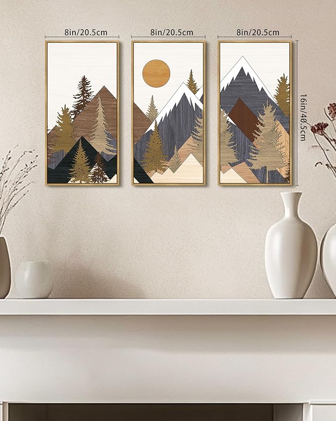 KUVIOKE Mountains Framed Wall Art Sun Range Landscape Wall Decor Farmhouse Bedroom Living Room Ready to Hang 8x16in3pcs Natural Framed