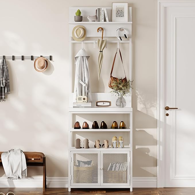 IDEALHOUSE Hall Tree with Doors White 72.8in Coat Rack Shoe Storage Narrow Coat Tree Shoe Shelf Organizer with 7 Hooks for Entryway Bedroom and Mudroom