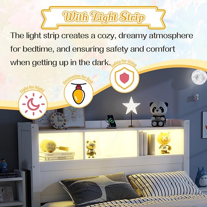 Kids Full Bed Frame with Drawers & Storage Headboard, Solid Wood Platform Bed with Pull-Out Cabinet, Built-in LED Light & Charging Station, No Box Spring Needed, White