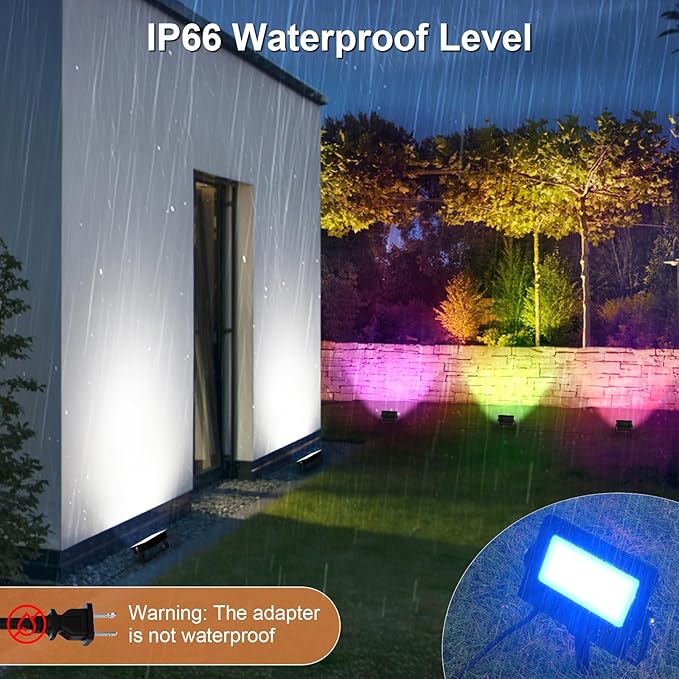 YAYZA! LED Flood Lights Outdoor 36W, 300W Equivalent 3000 LM RGB Color Changing Led Stage Landscape Lighting Bluetooth Smart Floodlights with APP Control 3000K Bright White Light, Timing&IP66 (4Pack)