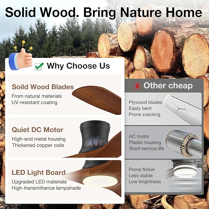 52inch Wood Ceiling Fans with Lights and Remote,Low Profile Modern Ceiling Fan with Light,Outdoor Indoor Flush Mount Ceiling fan,for Patio Bedroom Farmhouse,Walnut,3 Blades,6 Speeds,Quiet
