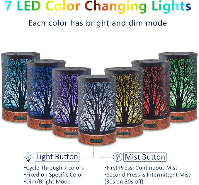 EQUSUPRO Essential Oil Diffuser 150ml Black Metal Aromatherapy Oil Diffuser Ultrasonic Cool Mist Diffuser with Auto Shut-Off Protection,7 Colors Changed LED for Home Office SPA Yoga (A-Tree)