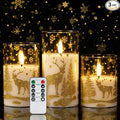Amagic Christmas Flameless Candles with Remote and Timer, Glass Battery Operated Candles, Real Wax Electric LED Pillar Candles with Gold Deer for Thanksgiving Decor, Set of 3