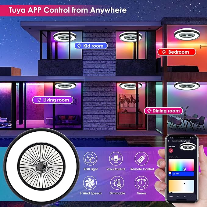 24" Bladeless Ceiling Fan with RGB Light Remote, Smart LED Ceiling Fans with Voice/App Control, Modern Low Profile Dimmable Light Ceiling Fan for Bedroom Living Room