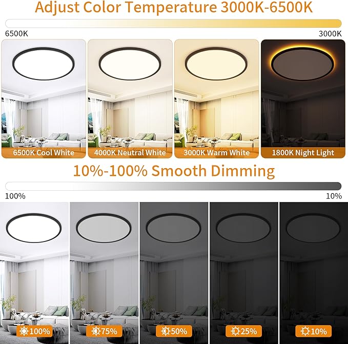 Flush Mount Ceiling Light with Night Light, 19in LED Ceiling Lights with Remote Control, 1800K Nightlights & 3000-6500K Dimmable Lamp Fixture, 45W 4500LM Low Profile for Bedroom, Black