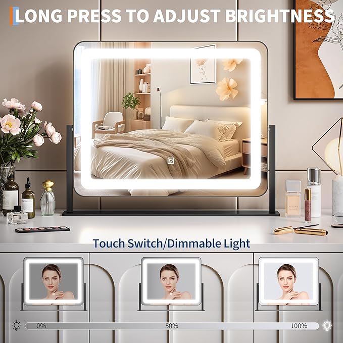 IDEALHOUSE Vanity Mirror with Lights, 20"x17" Lighted Makeup Mirror, LED Desk Mirorr with 360° Rotation, Dimmable 3 Modes, Smart Touch Control for Bedroom or Tabletop(Square,Black)