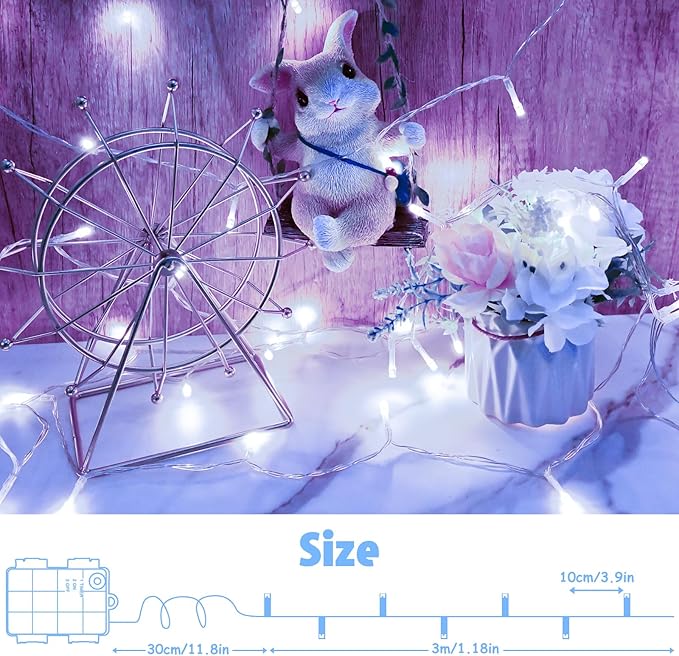 String Lights Outdoor Waterproof 9.8ft 30 LED, Cool White Fairy Lights Battery Operated with Timer Clear Wire for Indoor & Outdoor Decorations Garland Party 2 Packs