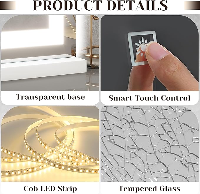 ROLOVE 31" x 22" Large Lighted Vanity Mirror with Lights, Dimmable 3 Modes, LED Makeup Mirror for Bathroom ＆ Dressing Room, Tabletop or Wall-Mounted, 10X Magnification, White