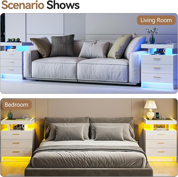 White Night Stand with Wireless Charging Station,Smart Bedside Table with 3 Drawers,Modern Glass Top End Table with 3 Color Dimmable,LED Nightstand for Bedroom