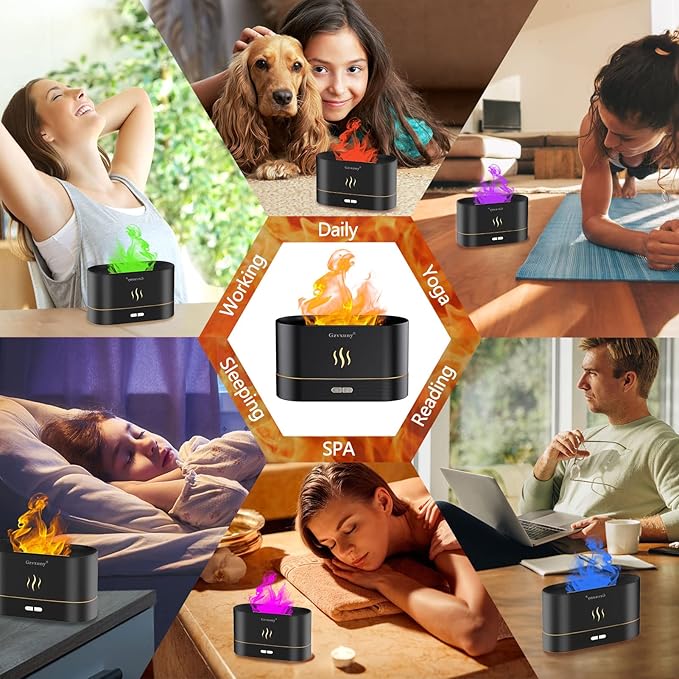 Flame Essential Oil Diffuser, Upgrade 7 Colour Lights Aromatherapy Diffuser, Super Quiet Air Humidifier, Electric Aroma Diffuser, Waterless Auto-Off for Home Office Room - Black