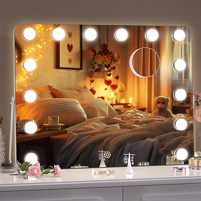 Hasipu Vanity Mirror with Lights, Hollywood 18" x 14" LED Makeup Mirror, 3 Modes Light, Smart Touch Control Dimmable, 360°Rotation, Rounded Rectangle White Frame