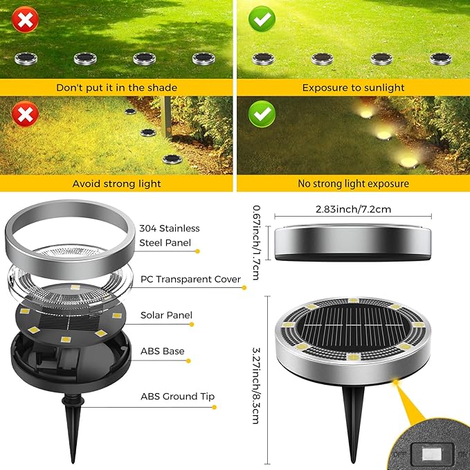 4 Pack Solar Ground Lights Outdoor, 8 LED Mini Flat Solar Disk Lights, IP65 Waterproof Anti-Rust Disc Light, Landscape Lighting for Garden Pathway Yard Walkway Driveway Lawn,Warm White