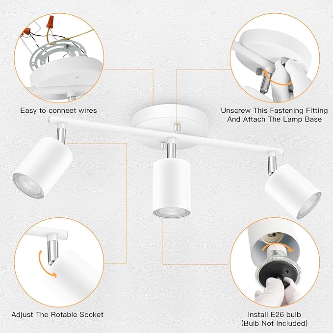 BoostArea LED 3 Light Track Lighting Kit, White 3 Way Ceiling Spot Lighting, Flexibly Rotatable Light Head for Kitchen, Living Room, Bedroom, GU10 Bulb Not Included