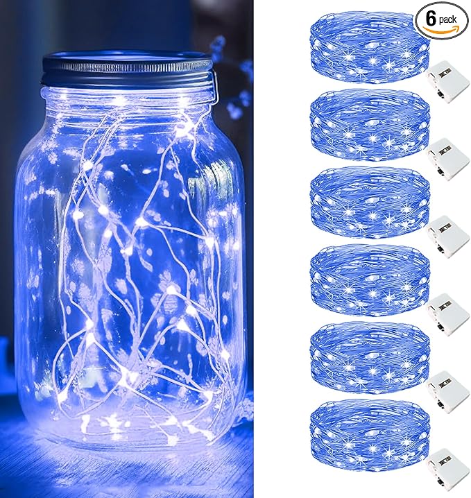kolpop 6 Pack LED Fairy Lights Battery Operated, Mini Twinkle String Lights Battery Powered Waterproof for Christmas Mason Jars Party,Blue