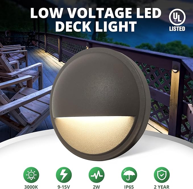 GKOLED Low Voltage LED Deck Lights, Outdoor Post Railing Lighting, Landscape 12V Fence Step Fixture Lights, UL Listed, Brown 3000K, 6 Pack