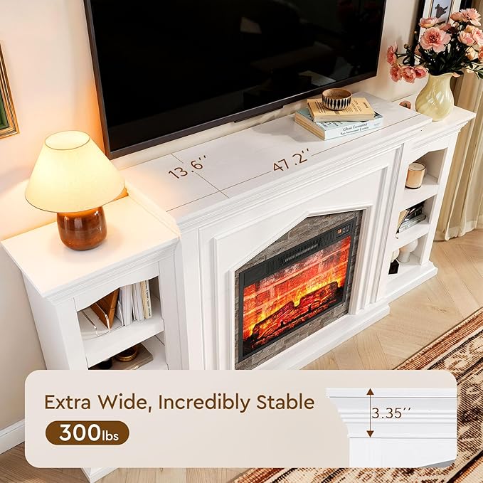 LGHM 80" Fireplace TV Stand for TVs Up to 90 Inch, Electric Fireplace with Mantel, Modern Entertainment Center with Storage, Fireplace Heater Insert with 3D Flame Effect for Living Room