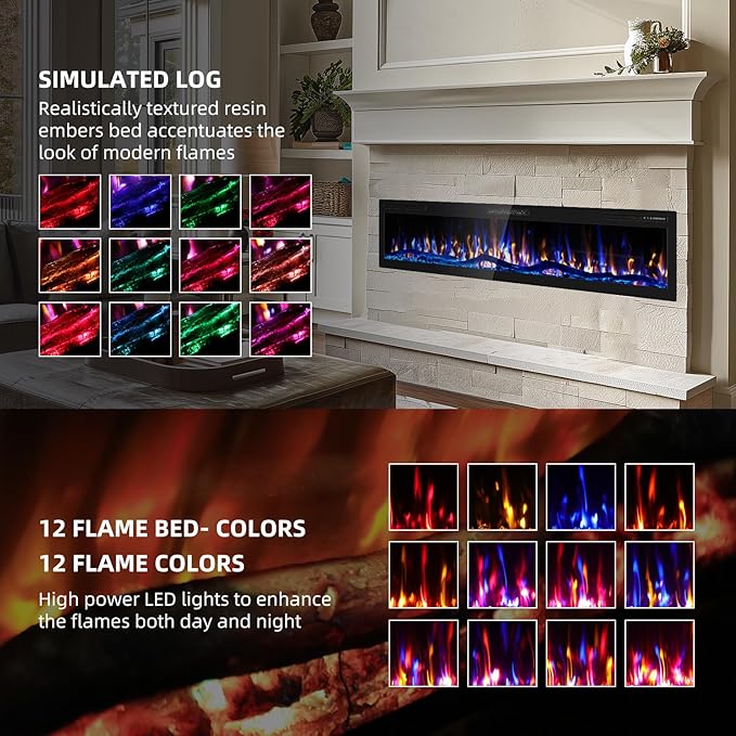 68" Smart WiFi Electric Fireplace with Sound Crackling Narrow Bezel Recessed and Wall Mounted Fireplace Heater with App, Remote Control, Log Flame Option, 750/1500W