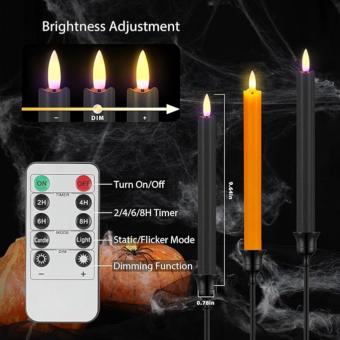 SHENSY Halloween Flameless Taper Candles –6Pack Orange and Black Real Wax LED Candlesticks with 3D Flickering Flame, Battery Operated with Remote & Timer – Spooky Window and Table Decor