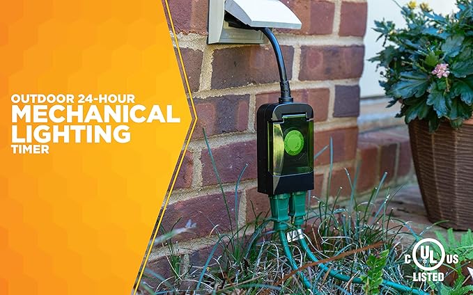 Woods 50011 Outdoor 24-Hour Plug-in Mechanical Timer with 2 Grounded Outlets; Energy Saving; Quick Tool Free; Weatherproof Housing; Programmable Settings; 6-Inch Cord; Black | (Pack of 6)