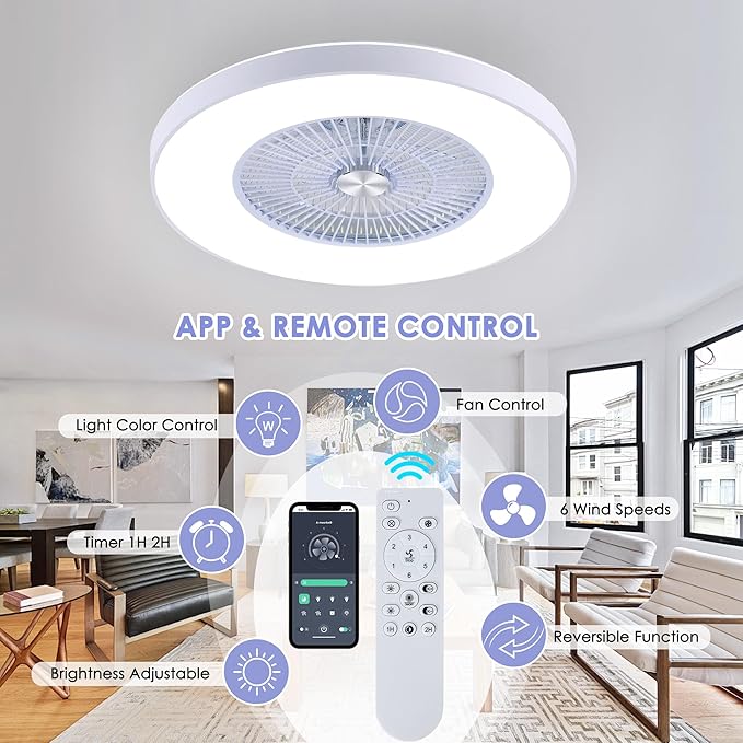 24" Bladeless Ceiling Fans with Lights and Remote/APP Control, Low Profile Ceiling Fan with 3-Dimmable Lights, Enclosed Flush Mount Ceiling Fan for Kid's Bedroom/Living Room