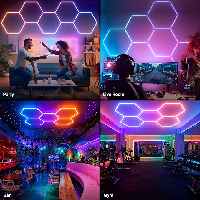 ALLYES Hexagon Garage Lights - RGB Hexagon Wall/Ceiling Lights with Music Sync Dimmable & Speed Adjustable Modes, App & Remote Control, Multi-Scene Honeycomb Light for Gaming Room, Bar, Party, Gym