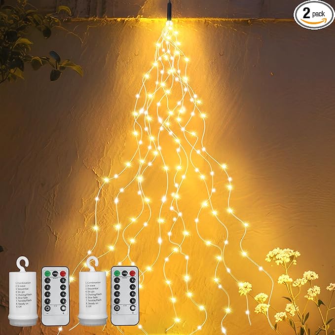 VOOKRY 2 Pack Battery Operated Fairy Lights with Timer, Waterproof Waterfall Flash Lights 8 Modes 10 Strands 200 LEDs Hanging Vine String Lights with Remote for Outdoor DIY Watering Can Lights