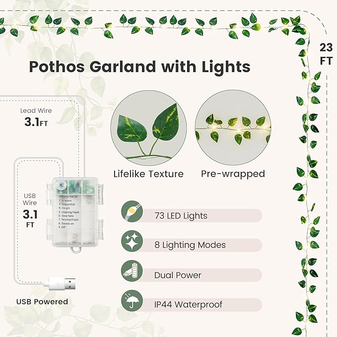 Vine Fairy Lights for Bedroom Wall, 23FT 73 LED Vine String Lights, USB/Battery Powered, Faux Pothos Garland with Light for Dorm Room, Wedding, Party & Home Decor, Warm White