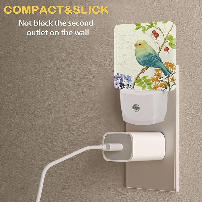 Bird Flower Night Light, Vintage Watercolor Bird Flower Night Lights Plug Into Wall with Dusk To Dawn Sensor Wall Lamp, Nightlights For Bedroom, Bathroom, Hallway, Kitchen, Gifts Ideal For Girls Women
