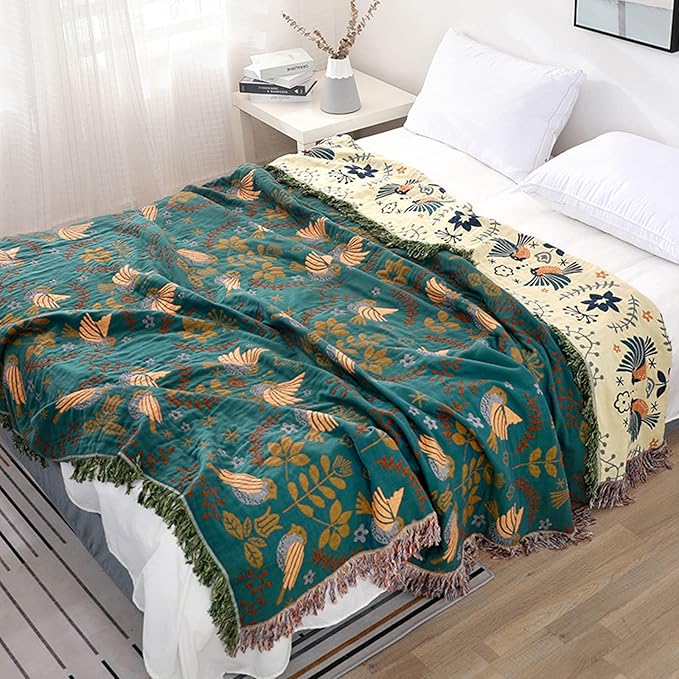 King Throw Blanket for Bed Couch,100% Organic Cotton Reversible Soft Quilt, Birds and Floral Breathable Lightweight Blankets,90"×108" Extra Large Sofa Throws for 3 4 Seater with Tassels,Teal